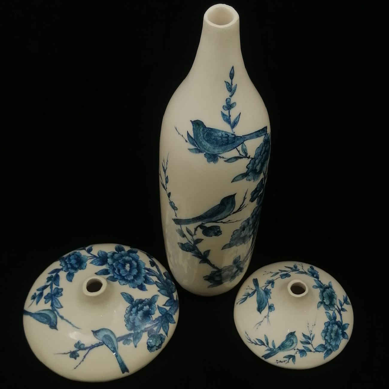 Set of Three Persian Ceramic Bud Vases, Adorned with a Classic Bird and Flower Design for Versatile Home Decor
