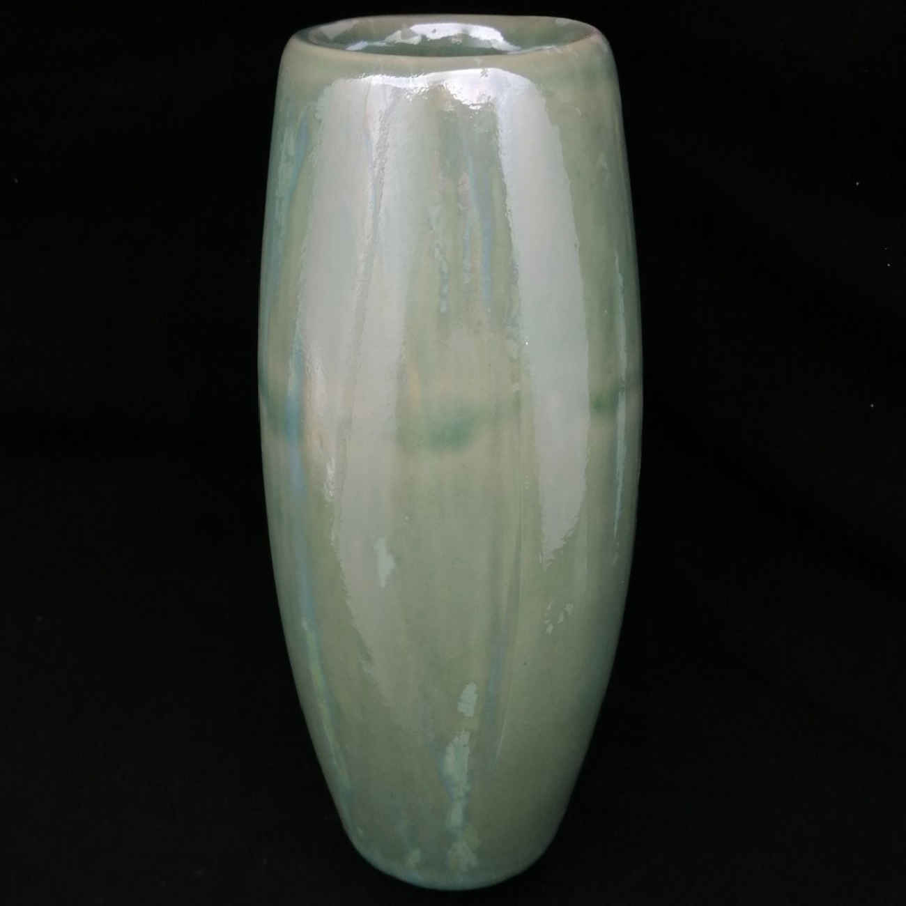 Persian Ceramic Vase in a Modern Cylindrical Shape, Adorned with Elegant Calligraphy in a Beautiful Shade of Green