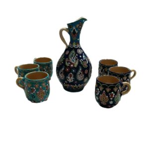 Minakari Enamelwork Pottery Pitcher & Glass Set – 7 piece with Floral Design