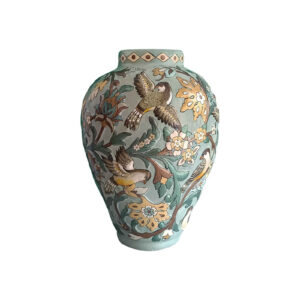 Handcrafted Persian Pottery Vase Featuring an Embossed Floral and Bird Design, Perfect for Traditional Decor Enthusiasts