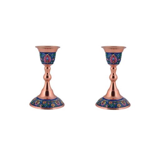 Set of 2 Handcrafted Copper Candlesticks, Turquoise Inlay, Ornate Floral Tulip Design, Persian Craft