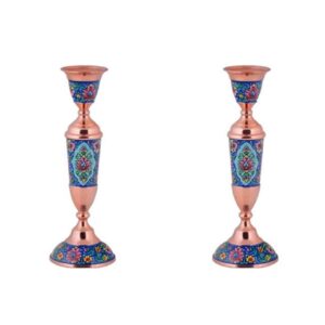 Handcrafted Persian Copper Candlestick – Inlaid Turquoise with Floral Design (x2)