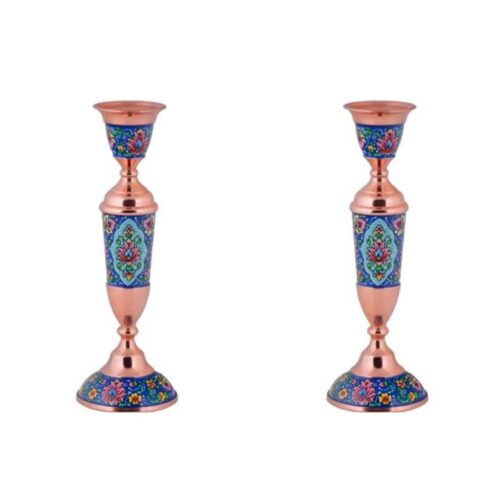 Set of 2 Handcrafted Copper Candlesticks, Turquoise Inlay, Ornate Floral Design, Persian Craft