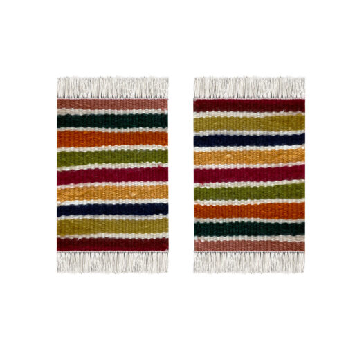 Handwoven Wool Coasters with Green Striped Pattern, Set of 2