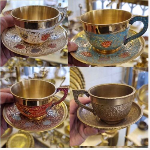 Persian Brass Teacup & Saucer Set with Minakari Design (x6)