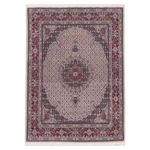 Hand-Knotted Persian Birjand Riz Mahi Rug (Mahi Medallion) – Red Silk & Wool