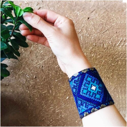Persian Turquoise Embroidered Cotton Cuff Bracelet with Emerald Design – Traditional Jewelry