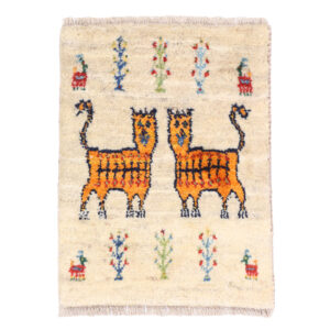 Handwoven Persian Pictorial Gabbeh Rug with Cat Motifs in Cream – Wool