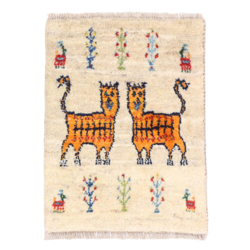 Handwoven Persian Pictorial Gabbeh Rug with Cat Motifs in Cream - Wool