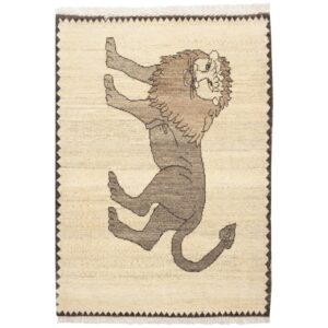 Genuine Handwoven Persian Lion Motif Gabbeh Rug – Cream Wool Blend