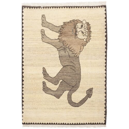 Genuine Handwoven Persian Lion Motif Gabbeh Rug - Cream Wool Blend