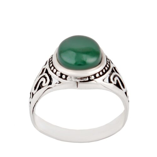 Green Agate Silver Gemstone Ring for Men – Cylindrical Band Design, Traditional Persian Style