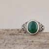 Persian Men's Silver Ring with Cylindrical Band and Agate Stone in Green