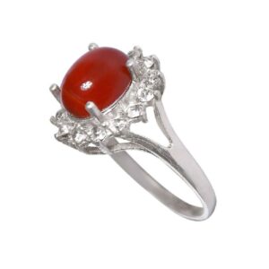 Persian Women’s Silver Ring Agate with Red Gemstone & Flower Design