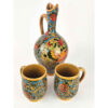Pottery Pitcher and Glass Set with Bird & Flower Design in Turquoise Set of 3
