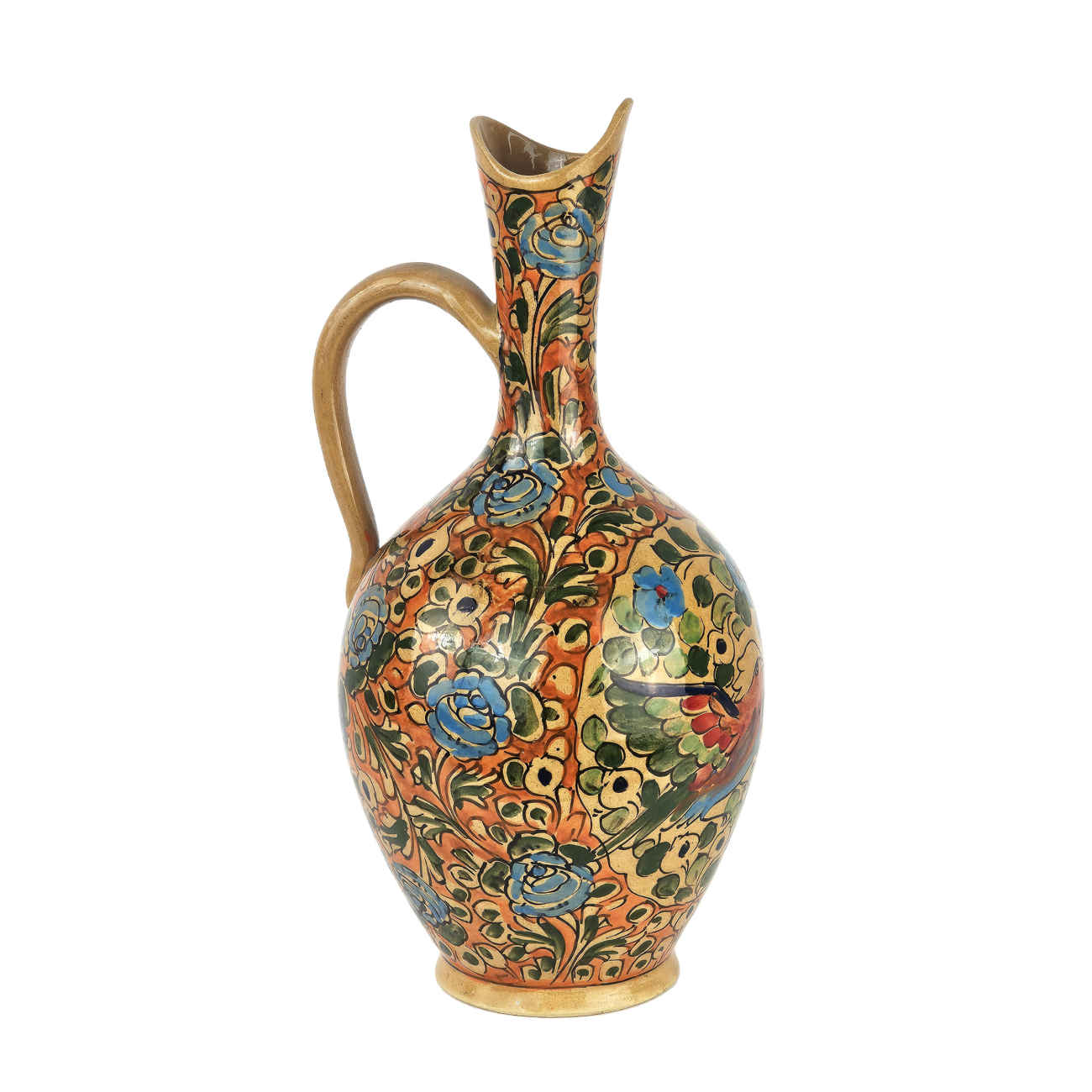 Pottery Pitcher and Glass Set with Bird & Flower Design in Turquoise Set of 3