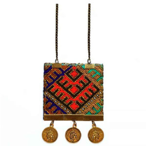 Traditional Persian Embroidered Necklace with Chain and Coin Design