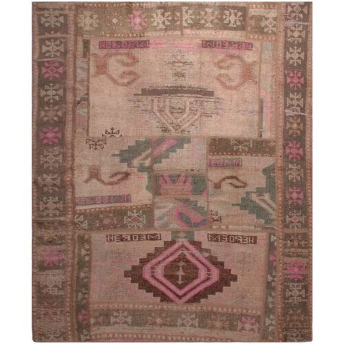 Vintage Persian Hand-Knotted Patchwork Carpet Geometric Brown