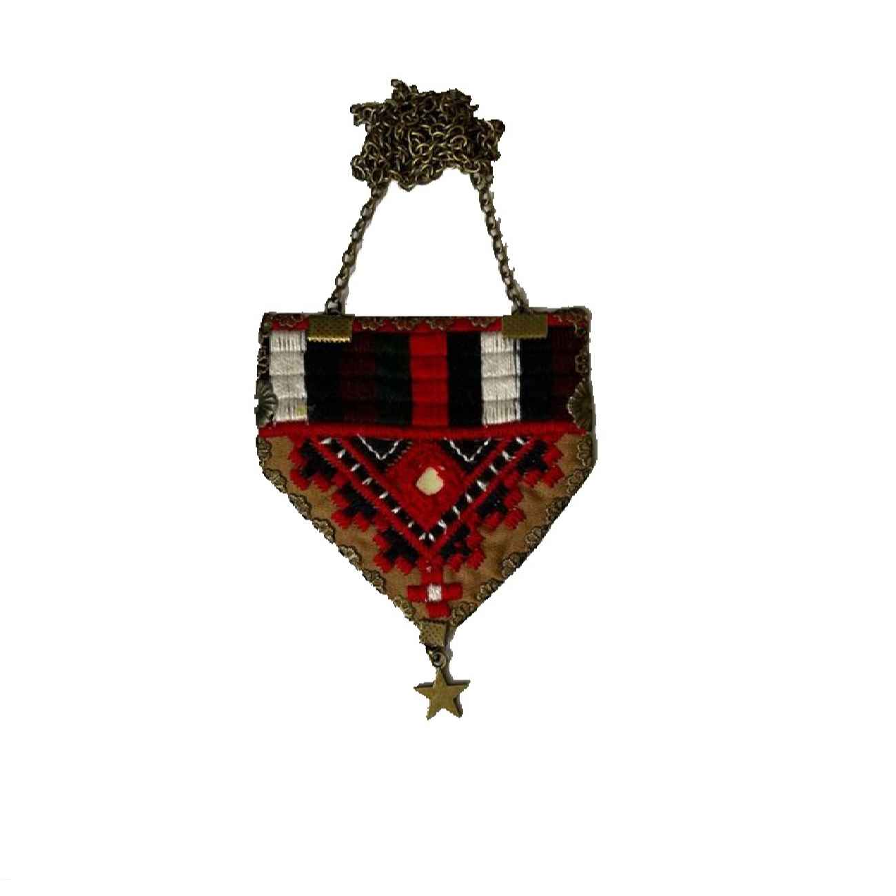 Woven Embroidered Necklace with Metal Chain and Symbolic Details