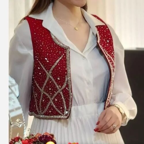 Traditional Kurdish Velvet Vest in Red with Silver Embellishments and Ethnic Design