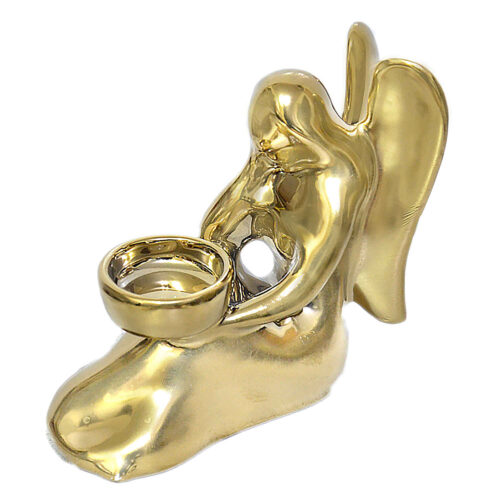 Decorative Ceramic Candlestick Holder, Gold Angel Figurine Design, Ornate Tabletop Candle Stand