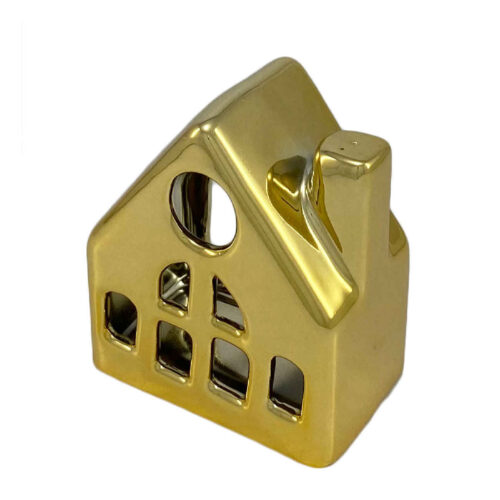 Decorative Ceramic Tealight Candle Holder, Gold Cottage Design, Figurative Tabletop Candle Stand