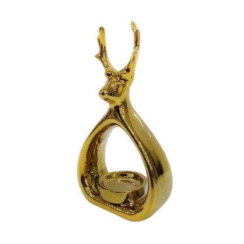Decorative Ceramic Tealight Candle Holder, Gold Deer Figurine Design, Tabletop Candle Stand
