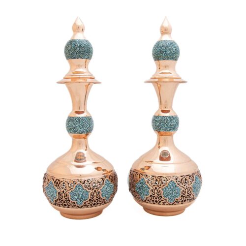 Decorative Copper Bottle Persian Artisan-Crafted Turquoise Inlay Set of 2