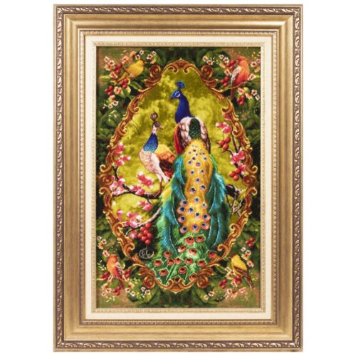 Hand-Knotted Persian Silk Pictorial Wall Hanging Rug – Peacock Design, Tabriz