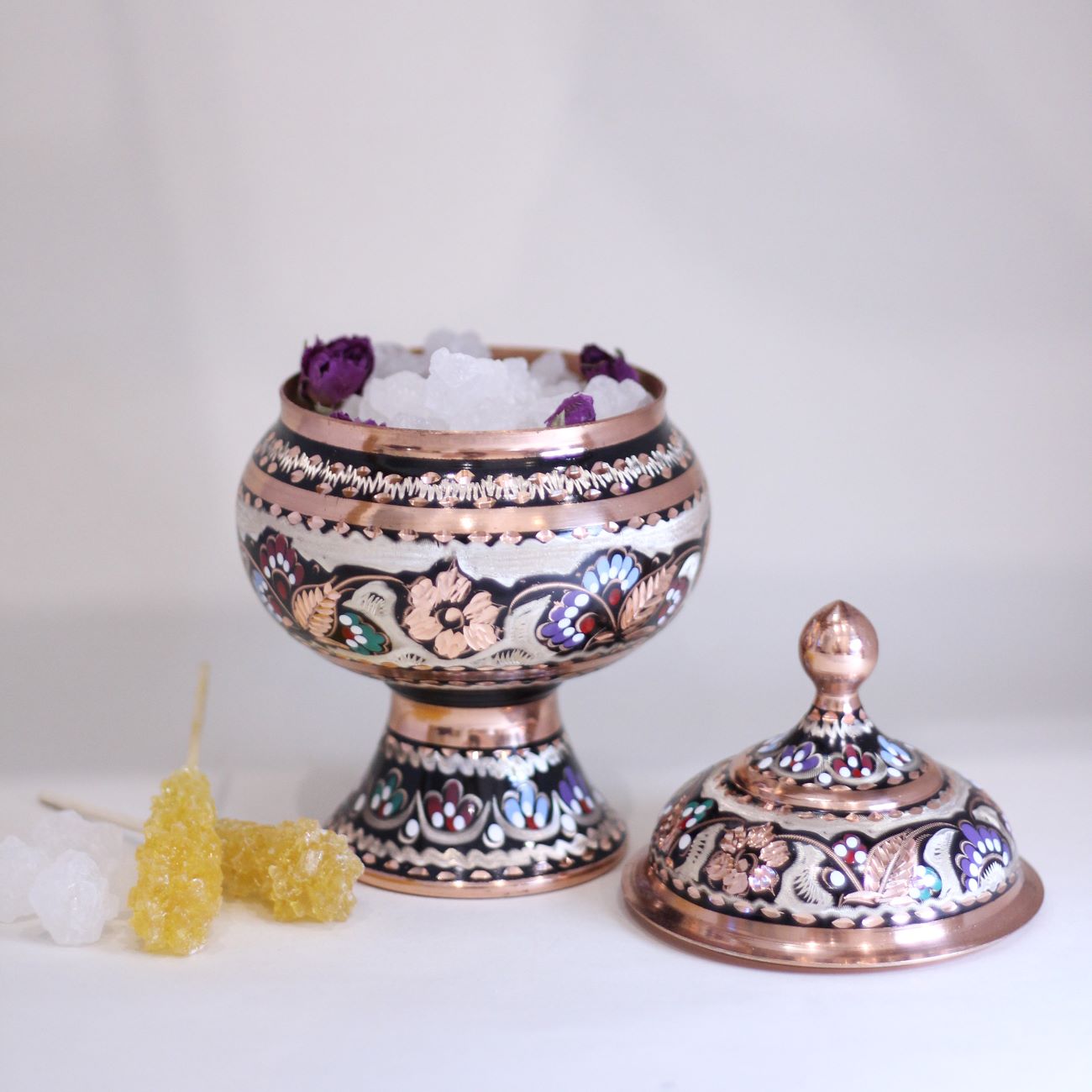 Handcrafted Persian Copper Sugar Bowl with Lid a jar-shaped design – Minakari Enameled