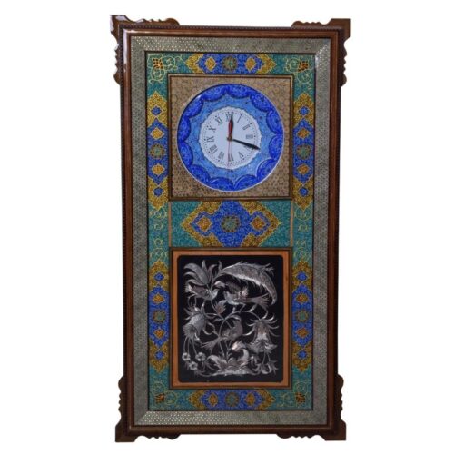 Traditional Persian Khatamkari Wood Wall Clock with Floral Marquetry – Model Yashm for Living Rooms and Persian-Inspired Interiors
