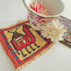 Handwoven Kilim Coaster – Cream Camel Motif, Boho Wool Square for Tables