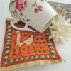 Orange Peacock Kilim Coaster – Handwoven Wool Square, Bird Pattern