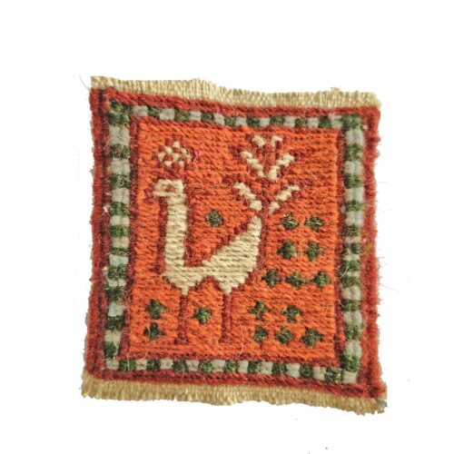 Orange Peacock Kilim Coaster – Handwoven Wool Square, Bird Pattern