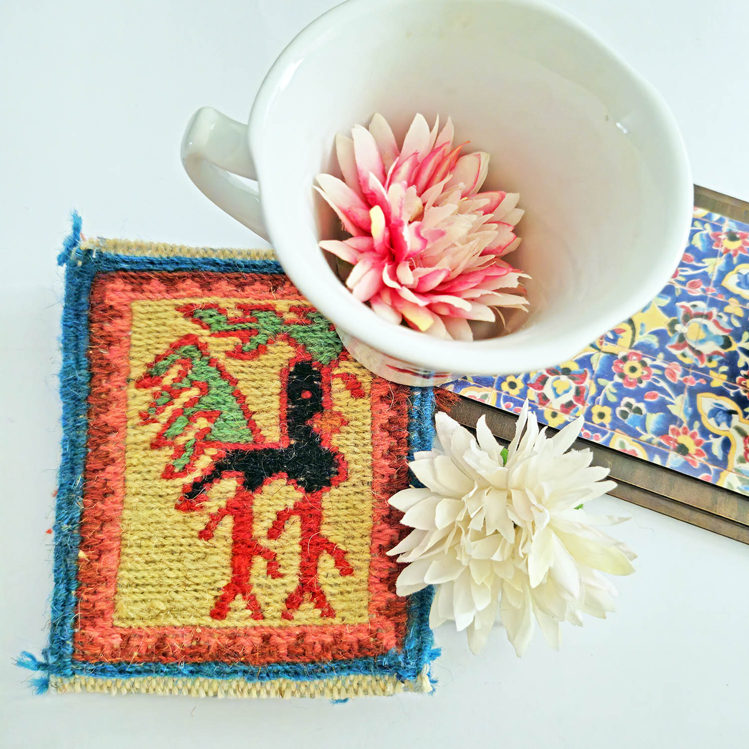 Handwoven Kilim Coaster – Orange Rooster Motif, Traditional Wool Square