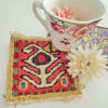 Magenta Geometric Kilim Coaster – Handwoven Wool Square, Boho Traditional