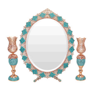 Persian Copper Turquoise Inlay Mirror Frame & Candle Holders with Silver Engraved Design