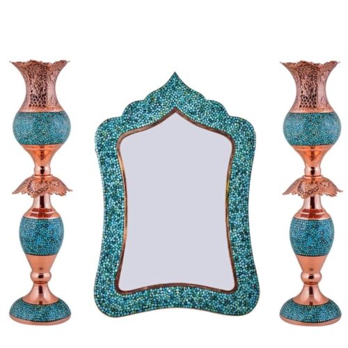 Persian Copper Turquoise Inlay Mirror Frame & Candlesticks Perfect for Home Decor