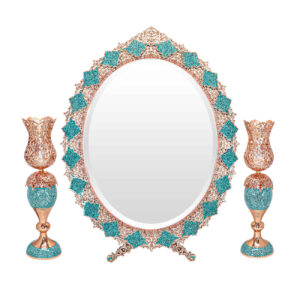 Persian Copper Turquoise Inlay Mirror Frame & Candlesticks Perfect for Home Decor