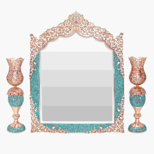 Persian Copper Turquoise Inlay Mirror Frame & Candlesticks Perfect for Wedding Ceremony