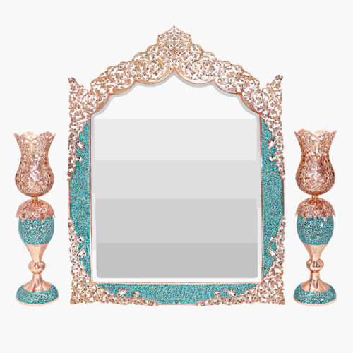 Persian Copper Turquoise Inlay Mirror Frame & Candlesticks Perfect for Wedding Ceremony