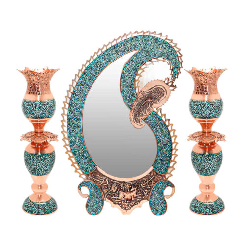 Persian Copper Turquoise Inlay Mirror Frame & Candlesticks with Floral & Paisley Design