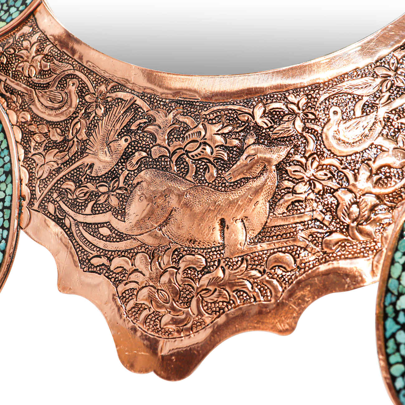 Persian Copper Turquoise Inlay Mirror Frame & Candlesticks with Floral & Paisley Design