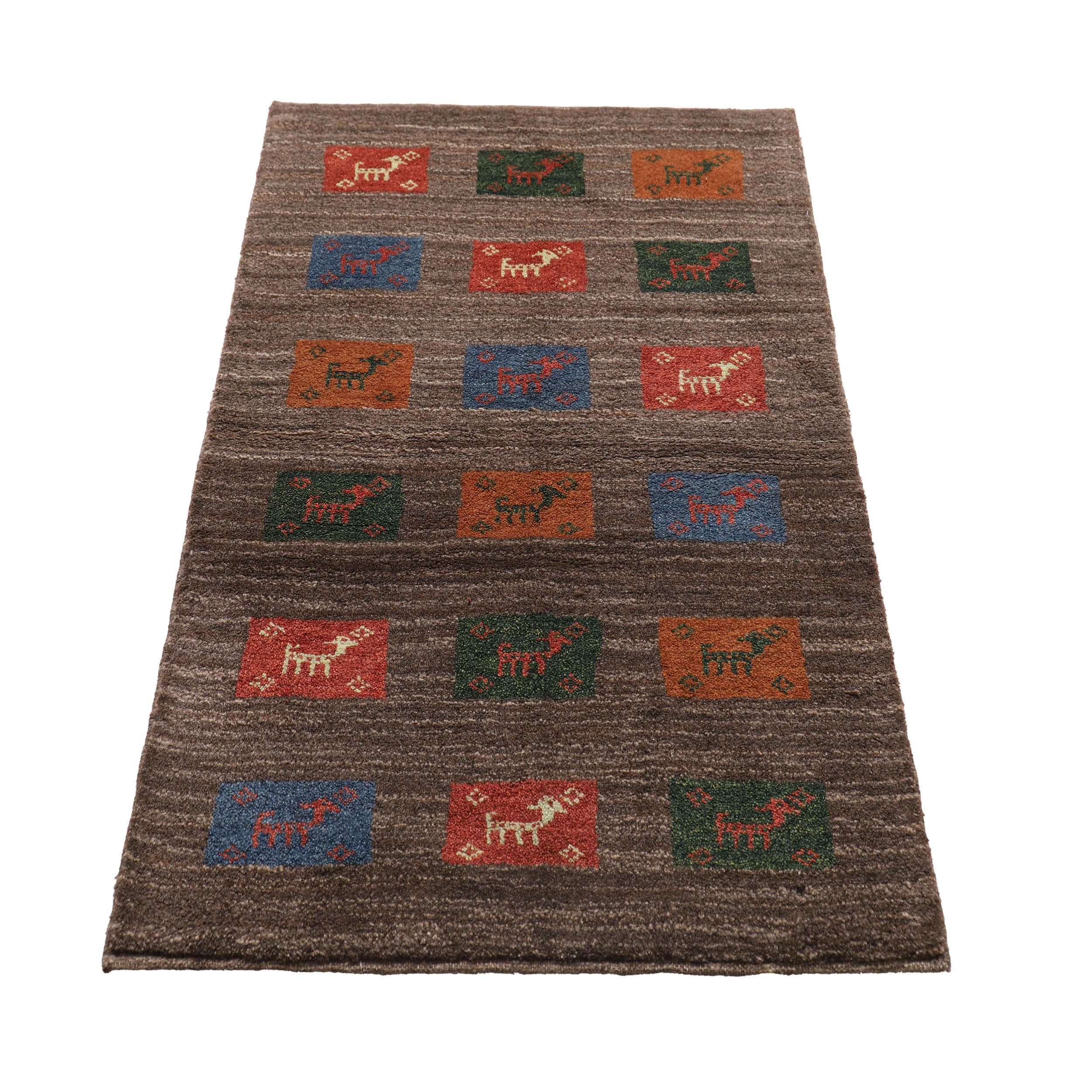 Handwoven Persian Kheshti Gabbeh Rug with Animal Motifs – Brown Wool