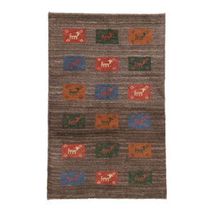 Handwoven Persian Kheshti Gabbeh Rug with Animal Motifs – Brown Wool