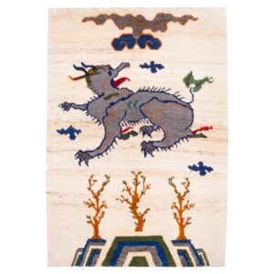 Genuine Handwoven Persian Gabbeh Wool Rug – Pictorial Dragon Design in Cream