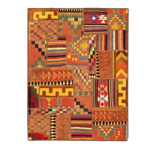 Persian Patchwork Kilim Rug Handwoven Geometric Orange