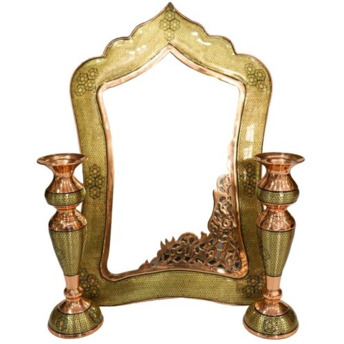 Persian Wooden Mirror Frame Khatamkari with Two Candle Holder in Green Color Traditional Design
