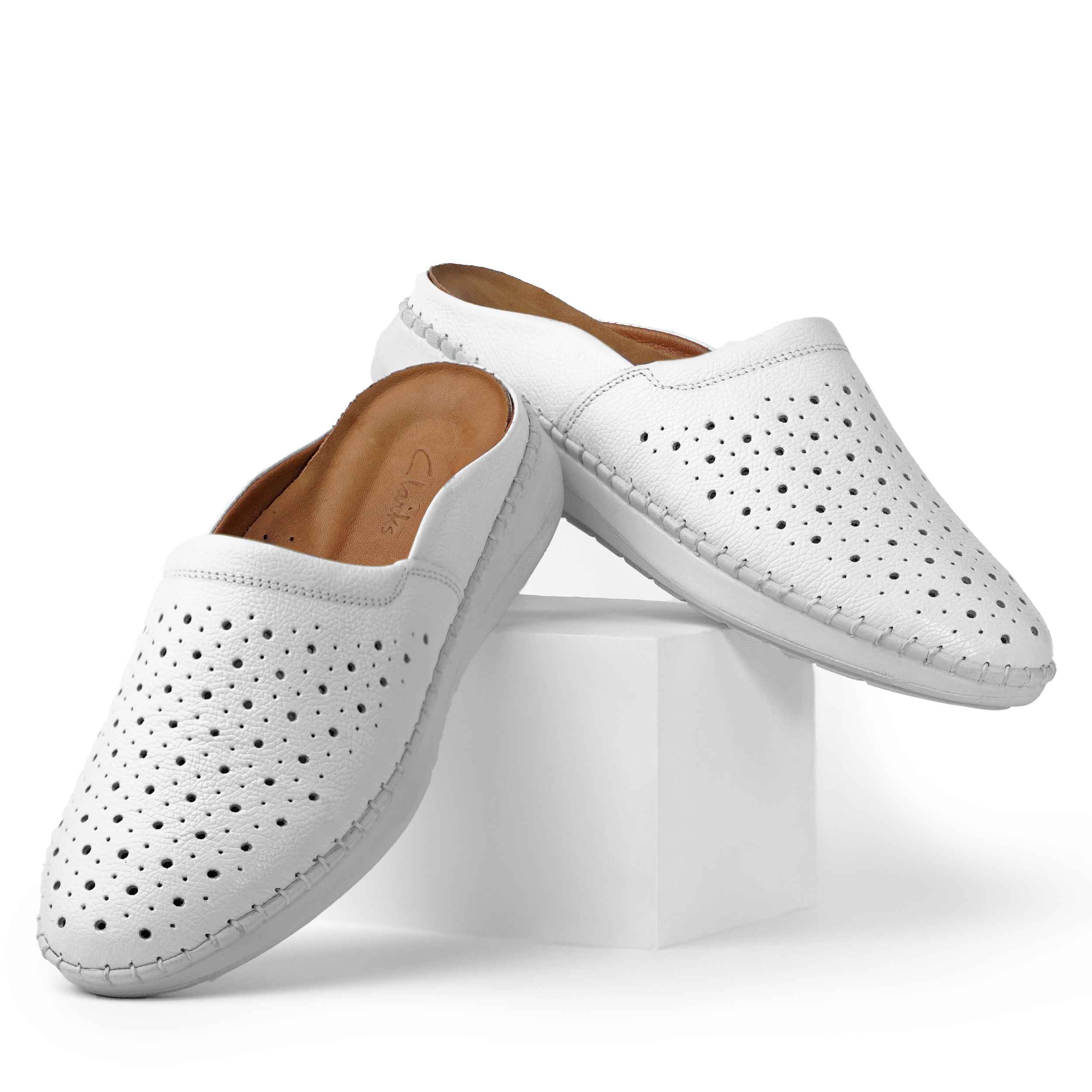 Women’s Natural Leather Mules Shoes for Comfort and Stylish in White