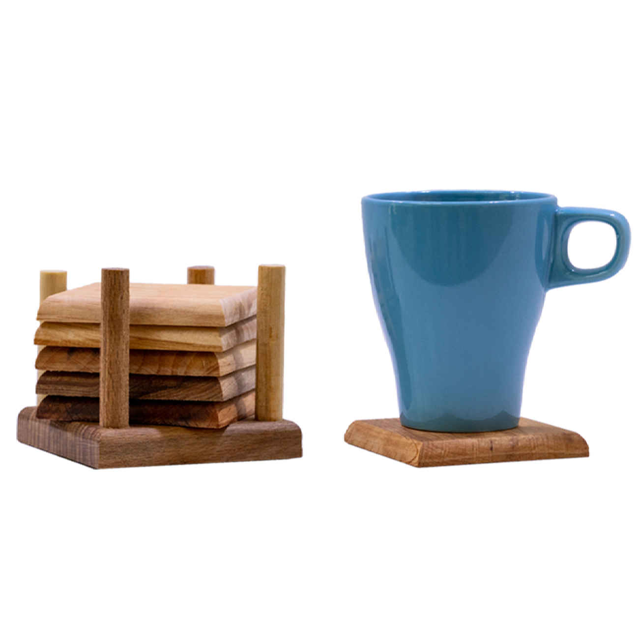 Wooden Coasters with Holder 6-Pack – Rustic Square Design for Home & Office